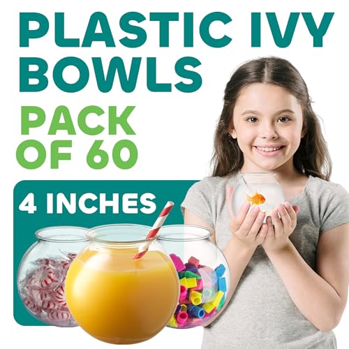 16 Oz Plastic Fish Bowl (60 Pack) 4 Inch Heavy Duty Plastic Ivy Bowls, for Candy, Carnival Games, Prizes, Centerpieces and Party Decoration Supplies, BPA-Free