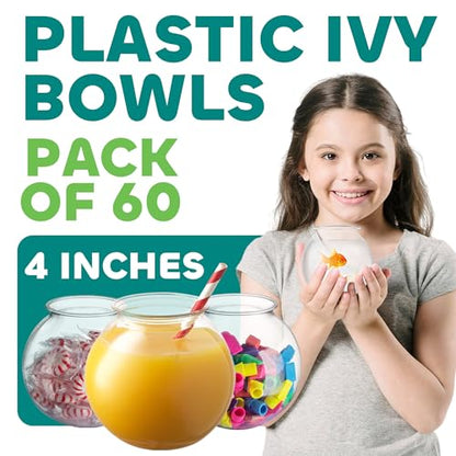 16 Oz Plastic Fish Bowl (60 Pack) 4 Inch Heavy Duty Plastic Ivy Bowls, for Candy, Carnival Games, Prizes, Centerpieces and Party Decoration Supplies, BPA-Free