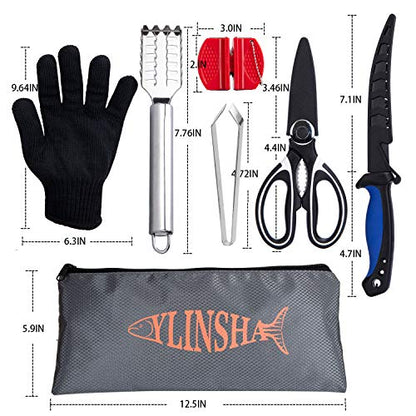 Fishing Knife, Fish Cleaning Kit 7 PC Set with Fish Knife, Fish Scale Cleaning Brush, Multi-Functional Scissors, Anti-Cutting Gloves, Fishbone Tweezers, Storage Bag
