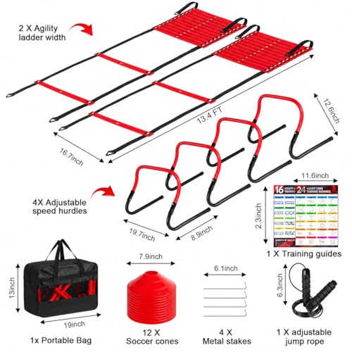 BORNEW 2 Pack Agility Ladder, Soccer Speed Training Equipment Set - color: 4.Red