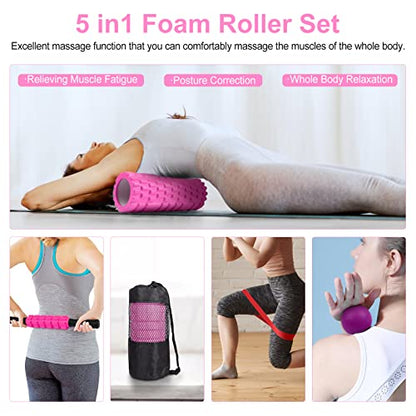 Aucuu 6 in 1 Foam Roller Set Includes Hollow Core Massage Roller, Yoga Stick, Massage Ball, Fitness Stretching Strap, Carrying Bag, Towel, Massage Roller (Pink) - color: Pink