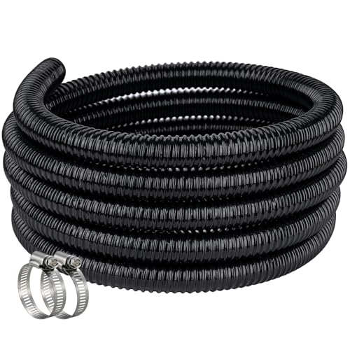 Pond Hose ID 1” × 10ft Black Corrugated Flexible Reinforced PVC Hose Vinyl Tubing for Pond Pump Fountain Garden Waterfall, Non-toxic & Kinkproof, with 2 clamps