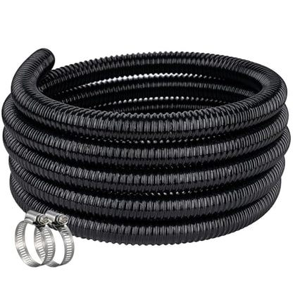 Pond Hose ID 1” × 10ft Black Corrugated Flexible Reinforced PVC Hose Vinyl Tubing for Pond Pump Fountain Garden Waterfall, Non-toxic & Kinkproof, with 2 clamps