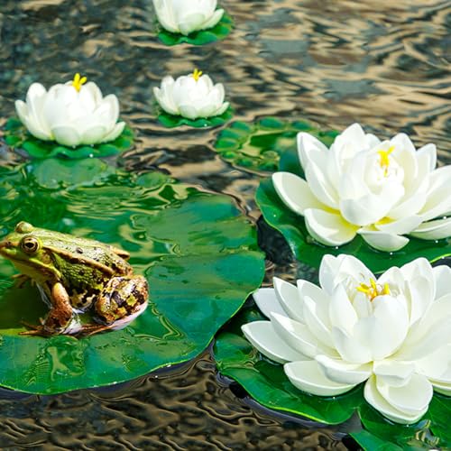 12pcs Floating Foam Lotus Flowers with Lily Pads, Artificial Pond Plants Ornaments for Pool Aquarium Water Decoration, White