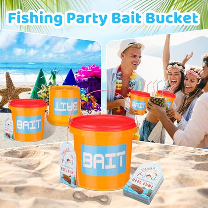 24 Sets Fishing Party Favors Small Fish Bait Bucket 1.2l Candy Bucket with Lids and Thank You Cards for Making My Reel Fun Fishing Theme Birthday Party Decorations