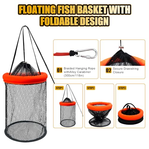 Floating Fish Basket, 5/10 Gallons Collapsible Fishing Net, Coated Nylon Net Storage Cage for Keeping Live Caught Fish 1 PCS