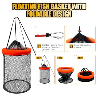 Floating Fish Basket, 5/10 Gallons Collapsible Fishing Net, Coated Nylon Net Storage Cage for Keeping Live Caught Fish 1 PCS