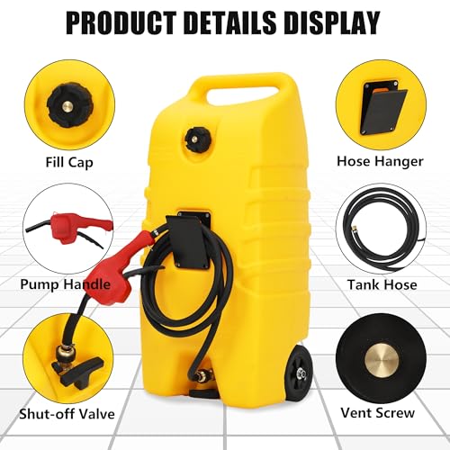 EcoExplorer 14 Gallon Gas Caddy, 53l Portable Fuel Tank and Fuel Transfer Pump with 10-Foot Hose for Lawn Mower, Farm, Marine, and Home Use, Yellow