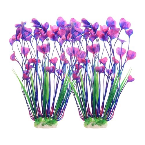 2 Pack Artificial Aquarium Plants, 15.8 Inch Tall, Seaweed, Purple, Plastic, Weighted Ceramic Base, for Aquarium, Indoor