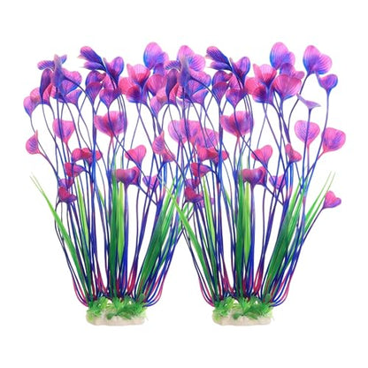 2 Pack Artificial Aquarium Plants, 15.8 Inch Tall, Seaweed, Purple, Plastic, Weighted Ceramic Base, for Aquarium, Indoor
