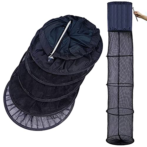 Fishing Cage Basket, Collapsible Nylon Fish Baskets, Fish Keeping Net with Anchor Bolt, for Minnows,Crab,Shrimp,Crawfish-Black(60X13 in)