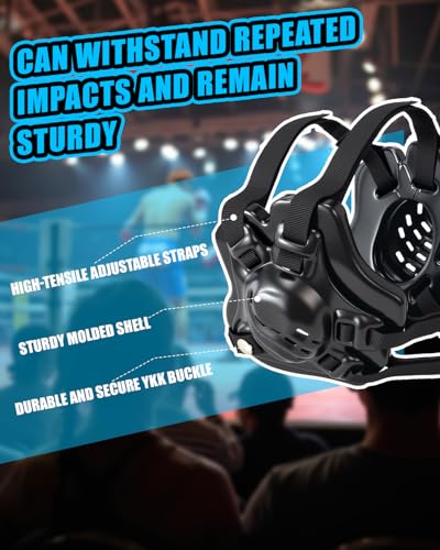 Wrestling Headgear, Youth Wrestling Head Gear with Chin Cup, Sorf Ear Guard for MMA, Jiu-Jitsu (for Users Age 10+) - color: Black
