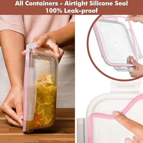 Razab 4 PC 1860ml / 63 Oz / 8 Cups Large Glass Food Storage Containers with Lids - Glass Meal Prep Containers for Roasting & Storing Leftover, Lunch Container with Lids, Microwave & Oven Safe - color: Pink