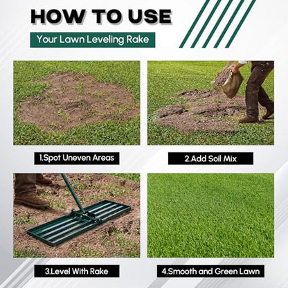 Lawn Leveling Rake 30"x10" Heavy Duty Carbon Steel, 72" Adjustable Long Handle, Leveler Tool for Yard Garden Golf Course Soil Dirt Ground Surface Leveling