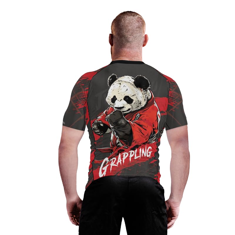 Panda Fighter Men's Short Sleeve Compression Rash Guard MMA Jiu Jitsu BJJ Grappling Base Layer Combat Shirt - color: V2, size: X-Small