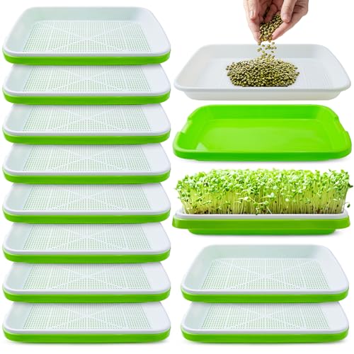 Pack 10 of Seed Sprouter Tray with Drain Holes,Seed Germination Trays Kit BPA Free Nursery Tray,Soil-Free Wheatgrass Tray Sprouter Microgreens Growing Kit (Green-10 Pack) - color: Green-10 Pack
