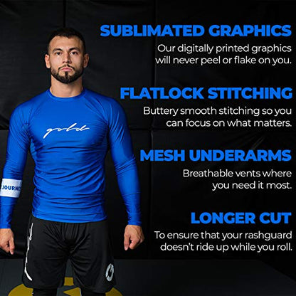Gold BJJ Foundation Rash Guard - Ranked No-Gi and Gi Jiu Jitsu Rashguard - color: Blue (Long Sleeve), size: Large