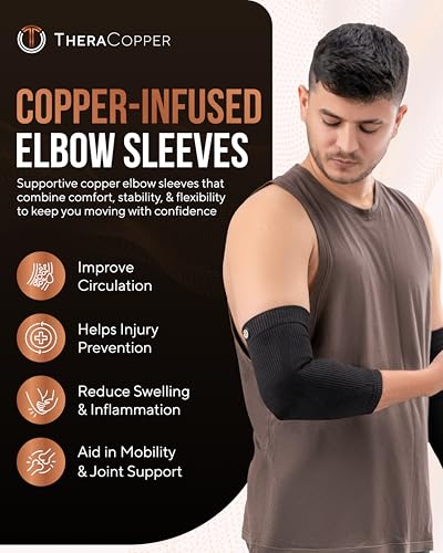 TheraCopper Copper Elbow Compression Sleeve for Men & Women (Small, 2 Pack) - size: Small