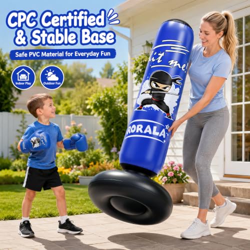 RORALA Inflatable Punching Bag for Kids with Boxing Gloves and Manual Air Pump, 66 Inch Children's Boxing Bag Set for Boys and Girls Gift Aged 3 to 12 to Practice Karate, Taekwondo