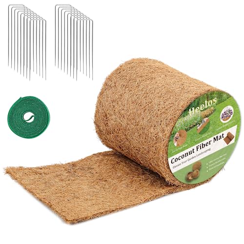 Thick Mulch Roll for Landscaping,120" x 6.5" Coconut Fiber Liner Mulch Mat with 16PCS U-Shaped Steel Stakes and Plant Ties Tape,Natural Coco Liner Pad Garden Edging Border Lawns Weed Barrier - size: 120IN x 6.5IN
