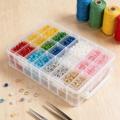 FUNSUEI 48 Grids Clear Plastic Portable Organizer Box with Adjustable Compartments, 2 Layers Plastic Jewelry Bead Organizer Box Craft Storage Containers for Electronics Art DIY Fishing Small Parts