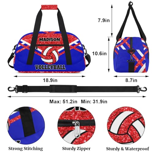 Custom Names Volleyball Bag, Red Bling Glittering with Royal Blue | Personalized Name Gymnastics Sport Bag Women (not real glitter) - color: Red Blue