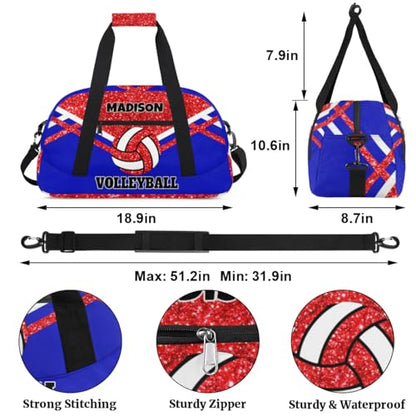 Custom Names Volleyball Bag, Red Bling Glittering with Royal Blue | Personalized Name Gymnastics Sport Bag Women (not real glitter) - color: Red Blue