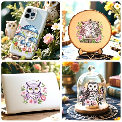 Peacoblue 18 Sheets Rub on Transfers for Crafts, Owl Flowe and Mushroom 3.6"x3.9" UV DTF Cup Wraps Waterproof Rub on Cold Transfers Stickers for Wood Glass Metal Cup Tumblers Mirrors Mugs Home Decor - style: Owl Flowe and Mushroom