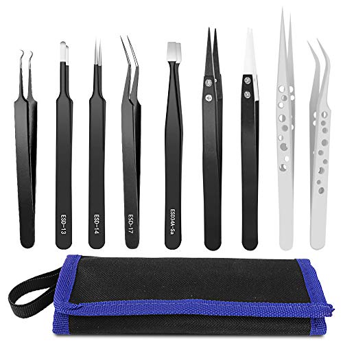 HANDSKIT Tweezer Set - Curved, Flat Head, Pointy Tweezers Kit for Craft, Jewelry, Electronics & Laboratory Work - 9 Pieces