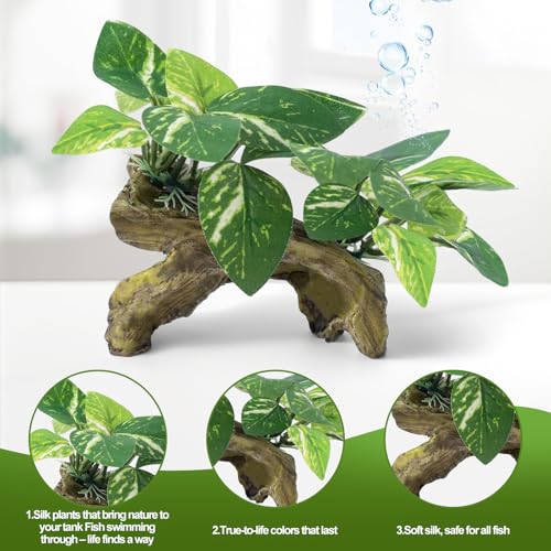9 Pcs Fish Tank Decor，Silk Aquarium Plants Green Silk Leaf pad Hammock Artifical Driftwood cave Betta Fish Tank Accessories 6 x 3 x 4 inches(LxWxH) - size: 9 Pcs Silk Aquarium Plants（Style B）