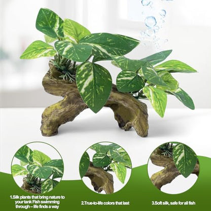 9 Pcs Fish Tank Decor，Silk Aquarium Plants Green Silk Leaf pad Hammock Artifical Driftwood cave Betta Fish Tank Accessories 6 x 3 x 4 inches(LxWxH) - size: 9 Pcs Silk Aquarium Plants（Style B）