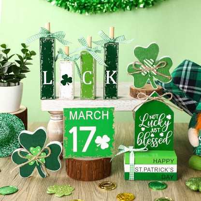 11 Pcs St. Patrick's Day Table Decorations Wood Faux Books Irish Table Top Decor Clover Wooden Sign Centerpiece for St. Patrick's Day - style: Clover