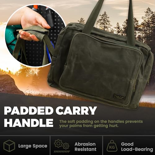 Tool Tote | Heavy Duty 16oz Waxed Canvas Tool Storage Bag - Portable 3 Pockets Tote Bag with Padded Handle& Metal Zipper, for Craftsman Gardener Carpenter Mechanic | 15.5"L x 7.5"W x 11.5"H - color: ArmyGreen