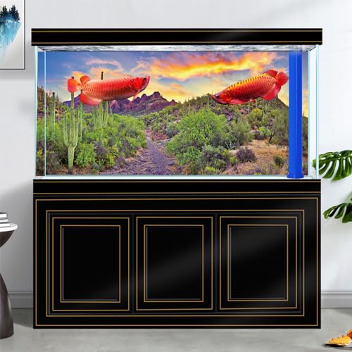 Reptile Habitat Background Rock Blue Sky Oasis Cactus Sunset Desert Terrarium Background 24X12IN with 8 EVA Double-Sided Tape - size: 24X12in/60X30cm