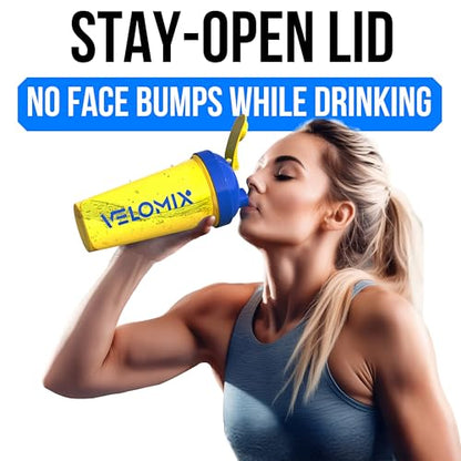 VELOMIX 2 Pack 28oz Protein Shaker Bottle for Protein Mixes, Stand Strong - color: B4) Yellow / Blue