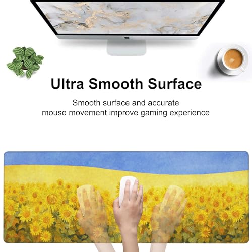 Field of Sunflowers Desk Mat,Large Sunflower Oil Painting Gaming Keyboard Mouse Pad,Non-Slip Rubber Base Desk Pad Thick Stitched Edges Waterproof Mousepad Mouse Mat 31.5"x11.8" - color: Field of Sunflowers