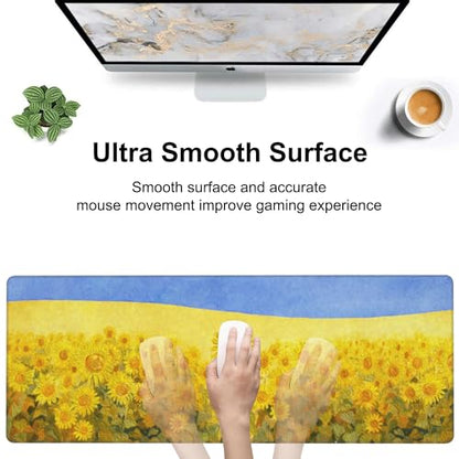 Field of Sunflowers Desk Mat,Large Sunflower Oil Painting Gaming Keyboard Mouse Pad,Non-Slip Rubber Base Desk Pad Thick Stitched Edges Waterproof Mousepad Mouse Mat 31.5"x11.8" - color: Field of Sunflowers