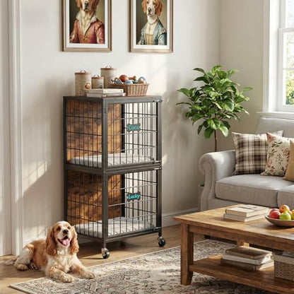 MAHANCRIS Fish Tank Stand and Dog Crate Furniture Bundle, 20 Gallon Aquarium Stand with 2-Tier Storage Shelves, 48.8" Tall Double Dog Kennel Furniture for 2 Dogs, for Home Office, FTHR2001-DCHR5401