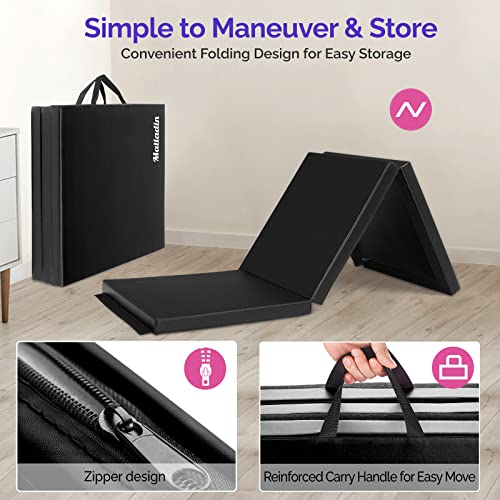 Matladin 6' Folding Tri-fold Gymnastics Gym Exercise Aerobics Mat, 6ft x 2ft x 2in PU Leather Tumbling Mats with Hook & Loop Fastener for Stretching Yoga Cheerleading Martial Arts - color: Black-2 Pack