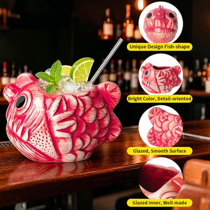 Tiki Mug Glasses Fish Cocktail Cup 1pcs 22oz/650ml Creative Red Tiki Mugs Bar Large Ceramic Hawaiian Themed Tropical Barware for Party Barware