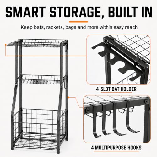 YueTong Garage Sports Organizer with Ball Rack, Bat Holder and 4 Hooks - color: Black – Fixed Feet