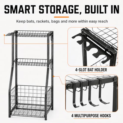 YueTong Garage Sports Organizer with Ball Rack, Bat Holder and 4 Hooks - color: Black – Fixed Feet