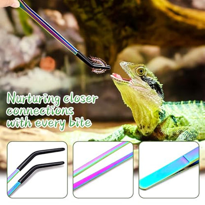 OLIISS Stainless Steel Reptile Feeding Tongs with Rubber Tip - 10.6" Straight & Curved Tweezers for Aquariums & Crafts - Feeder Tools for Bearded Dragons & Lizards - Terrarium Tank Supplies - 2 Pack