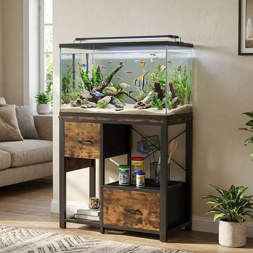 Garvee 20-29 Gallon Fish Tank Stand with Power Outlets, Heavy Duty Metal and Wood Aquarium Stand with 4-Tier Open Storage Shelves and Sturdy Legs - color: Brown, size: 31.5