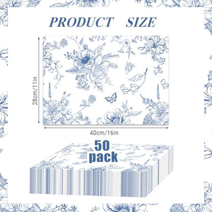50 Pcs Blue Porcelain Paper Placemats, 11x16 Inch Blue Floral Disposable Placemats Spring Summer Flowers Chinoiserie Table Mats for Wedding Baby Shower Birthday Home Party Supplies