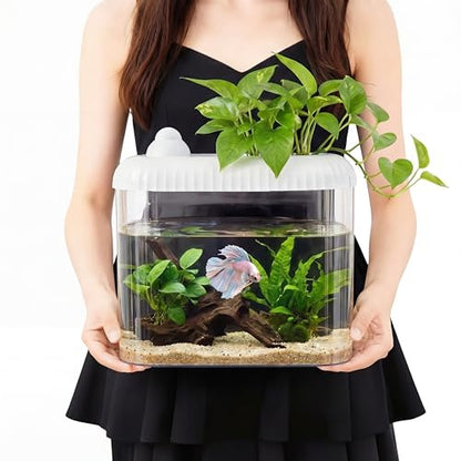 White 2 Gallon Plastic Aquaponic Betta Fish Tank Large Bowl Shatterproof Small Ecosystem Aquarium with Secure Buckle Lid, Clear Clarity for Terrarium, Flower Vase Betta Fish Tabletop Gifts - color: White