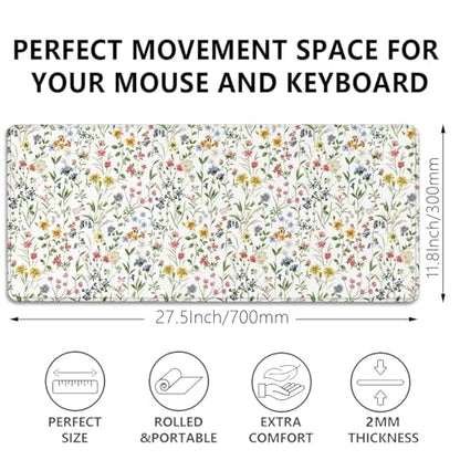 Wildflower Flowers and Plant Desk Pad Mouse Pad,Large Extended Gaming Mouse Mat with Stitched Edges,Non-Slip Waterproof Rubber Base Mousepad for Office Work Home(27.5X11.8 in) - color: Wildflowers