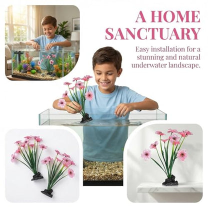 ULTECHNOVO 2 Pcs Pink Aquarium Plants Decor, 7.5" Tall Plastic Artificial Fish Tank Flowers with Weighted Base, Small Fake Plant for Betta Habitat and 10 Gallon Fish Tank Decorations