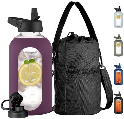 CIVAGO 64 oz Glass Water Bottle with Straw and Insulated Bottle Holder | Half Gallon Motivational Water Jug with Time Marker and Silicone Sleeve, Large Leakproof Water Flask with 2 Lids, Mauve - color: Mauve, size: 64 Ounces
