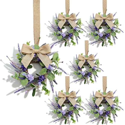 6 Pcs Small Lavender Hanging Wreaths for Cabinets with Violet Hydrangea Flowers and Eucalyptus Leaves Spring Summer Mini Candle Ring Wreath for Home Kitchen Front Door Window Porch Wall Wedding Decor - color: Lavender Flower Wreath
